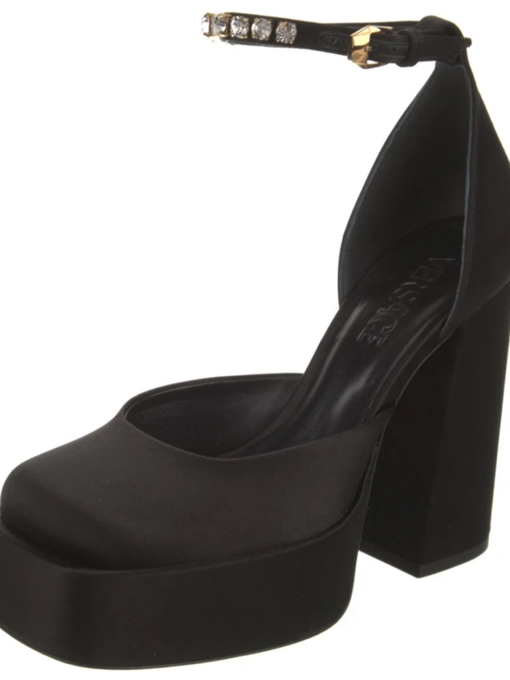 Versace Black Platform Block Heel Ankle-Strap Pumps with Crystal Detail - Picture 2 of 5